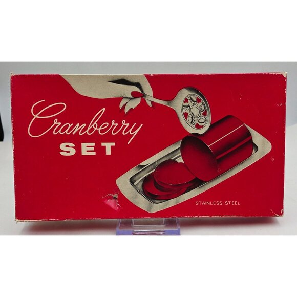 Vintage Cranberry Serving Set Leonard Stainless Steel Spoon & Tray in Box - Picture 8 of 11